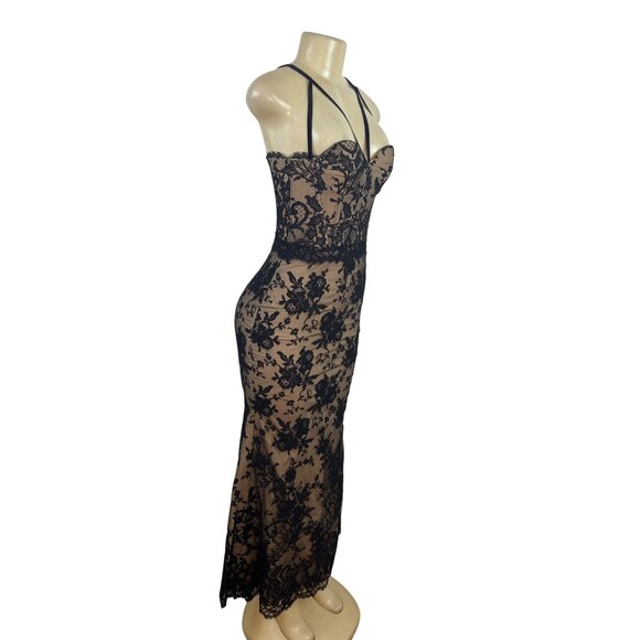 Black Lace Overlay Nude Lined Strappy Corset Midi Dress With Zipper Back - Picture 2 of 8